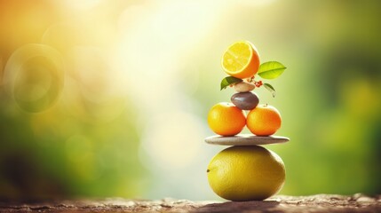 Yoga pyramid created from fruits and stones. Symbolizing zen harmony balance in the diet. - obrazy, fototapety, plakaty