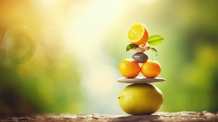 Photo sur Plexiglas Zen Yoga pyramid created from fruits and stones. Symbolizing zen harmony balance in the diet.