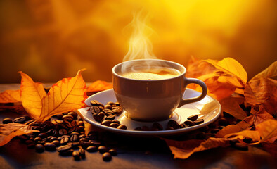 Morning cup of coffee with beans and autumn leaves and golden light in background - obrazy, fototapety, plakaty