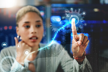 Hologram, fintech and finger of person for finance analysis, website and fintech mockup. Business,...