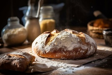 Image of delicious bread on rustic table in flour. Generative AI - obrazy, fototapety, plakaty