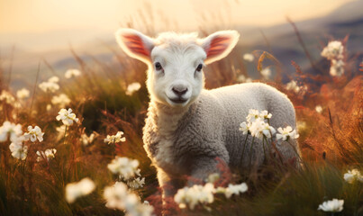 Obraz premium Portrait of a cute little lamb in a meadow at sunrise