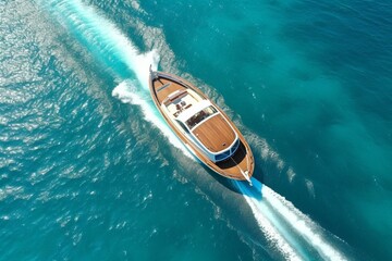 Overhead perspective of opulent motor boat sailing on beautiful turquoise sea - above view. Generative AI