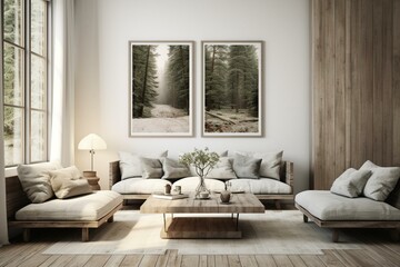 Rustic living room in Scandinavian farmhouse style with a framed artwork. Generative AI