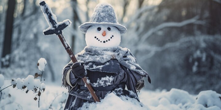 Snowman medieval knight with a sword made from a broom, concept of Wintery warrior