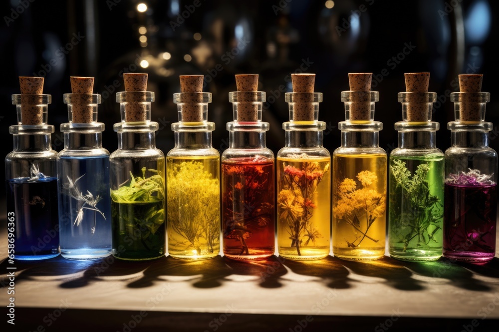 Poster A row of bottles filled with different colored liquids. Can be used for scientific experiments or as decorative elements in a laboratory or home setting.