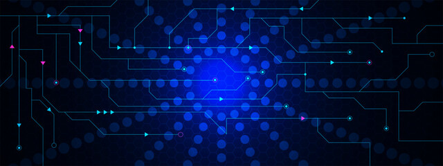 Abstract futuristic technology with hexagon shapes and circuit board background. Digital telecom, internet connection and communication concept design.