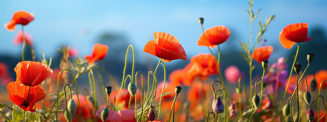 Obraz premium A Field of Vibrant Red Poppies Under a Summer Sky,red poppy field,red poppies in the field