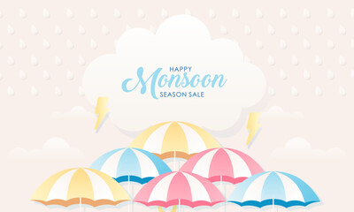 Cute Pastel Color Scheme and Paper Cut Style Happy Monsoon Season Sale Banner Background
