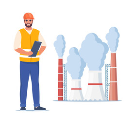 Engineer in orange vest and protective helmet. Factory plant with smoking towers and pipes. Management worker man. Vector illustration.