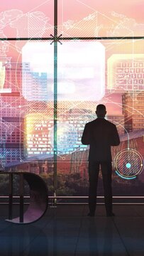 Businessman of the future in front of a virtual panel, 3D render.