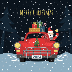 Cheerful Santa Claus is driving a car. Merry christmas and a happy new year. Design elements for banner, flyer, postcard.
