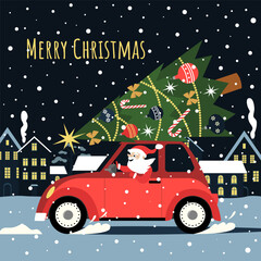 Santa Claus is driving a car. Merry christmas and a happy new year. Design elements for banner, flyer, postcard.