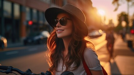 A stylish woman in sunglasses and a hat walking on a city street