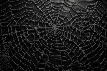 Halloween background. Black lace spider web silhouette against black background