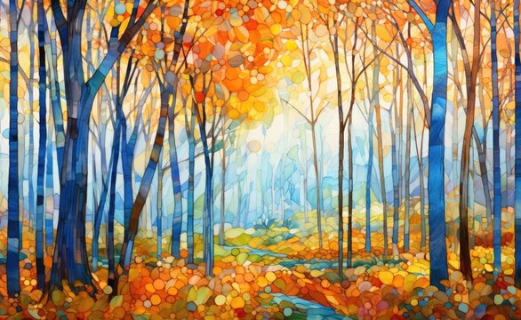 A vibrant and enchanting forest painting bursting with colors and majestic trees
