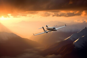 Fototapeta na wymiar Private jet soaring above mountains during sunset. Generative AI
