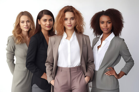 Portrait, team and modeling people isolated on white background corporate teamwork, proud, diversity group of men and women in professional collaboration. Generative AI.