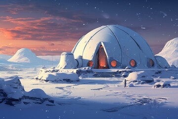 Illustration of a snowy north pole landscape with a futuristic yurt and snow house. Generative AI