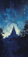 Fototapeta premium Starry Night over a Snowy Castle,castle in the night,view of the castle of the mountains,view of a castle
