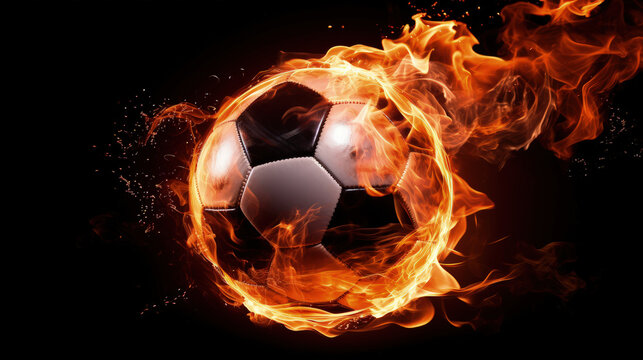 An intense and dramatic image capturing a sport ball engulfed in flames against a stark black background, radiating energy and passion.