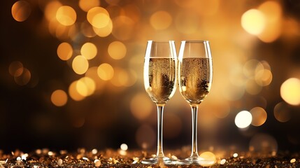Festive background with champagne glasses. Christmas mood. Bokeh in the background.