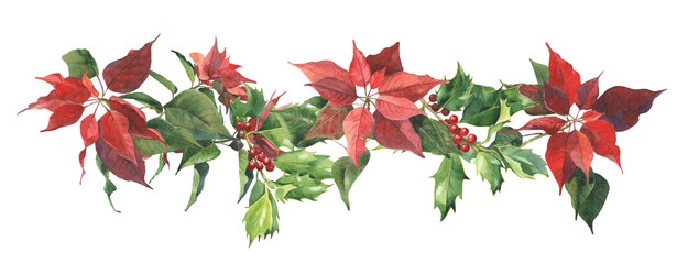 Watercolor Christmas line made of Christmas rose and berries