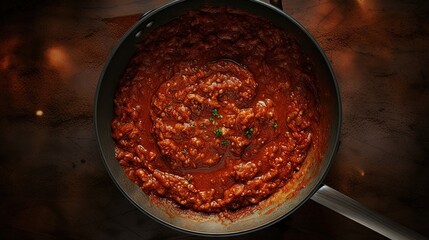 Cooking Italian Bolognese sauce in a saucepan viewed from the top for pasta - obrazy, fototapety, plakaty