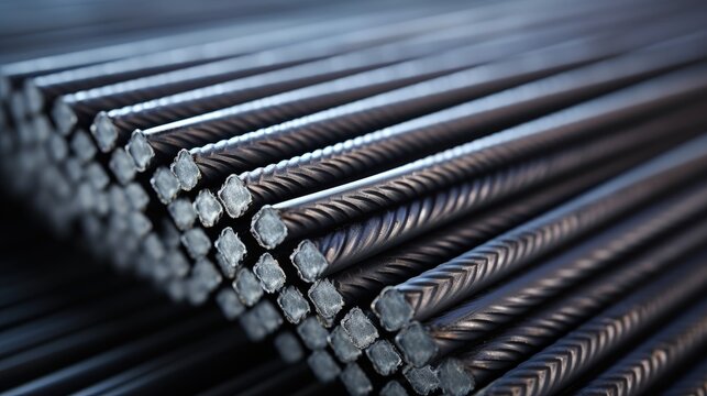 Construction site with close up of deformed steel bars for reinforced concrete
