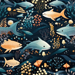 Abstract Ocean Life: AI-Created Seamless Pattern with Whales, Dolphins, and Shark