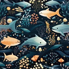 Poster Abstract Ocean Life: AI-Created Seamless Pattern with Whales, Dolphins, and Shark © Tony