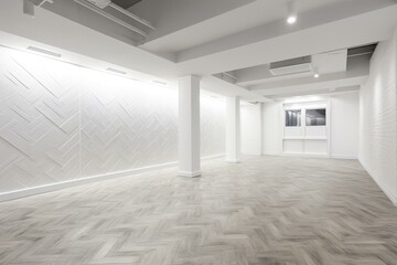 A vacant space featuring parquet flooring and walls covered in a textured white finish. Generative AI - obrazy, fototapety, plakaty