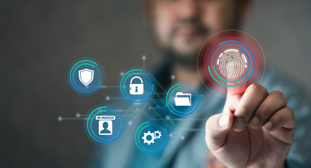 Adult men login with fingerprint scanning technology in the screen. Secure encryption and access to the user private information to access. Digital access concept