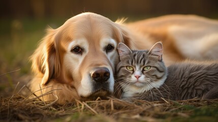 Golden retriever and British shorthair cat cuddling outside