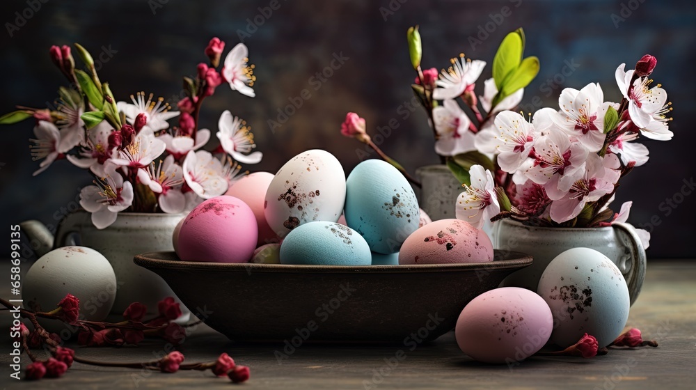 Poster festive easter display with eggs blossoms and rustic vibes
