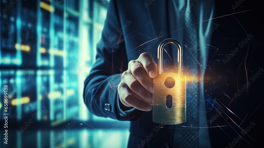 Poster Businessman interacting with closed padlock on digital background for cybersecurity and network protection