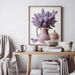 Poster Jug of beautiful lilac flowers with coffee and books on wall © HuddaimaZahra