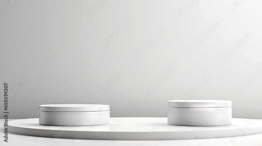 Aufkleber 3d rendering of white cylindrical podiums with matte glass walls on a white cloth background used fo