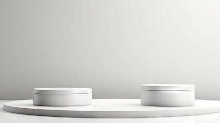 3D rendering of white cylindrical podiums with matte glass walls on a white cloth background used for displaying cosmetic products