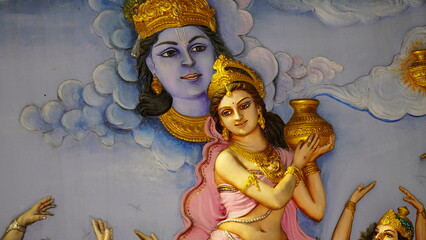 artwork of a woman holding butter mutki and thinking about krishna