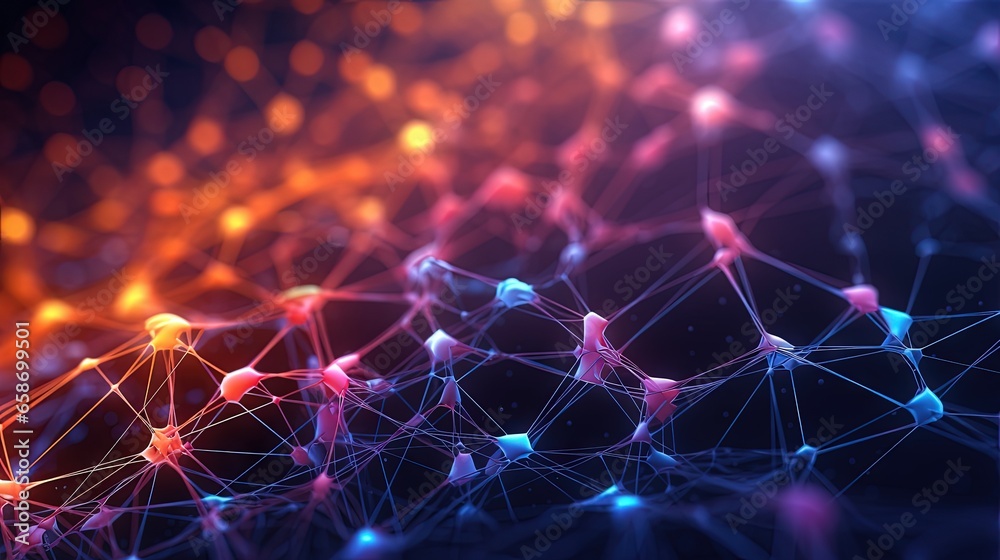 Poster Colored lines and dots intersect on abstract background Network structure data exchange 3D rendering