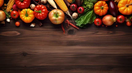 Zelfklevend Fotobehang Autumn themed cooking scene featuring organic vegetables on wooden table top view copy space Ingredients for seasonal soups and dishes © vxnaghiyev