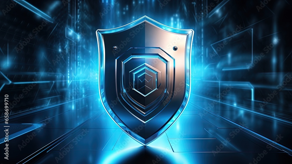 Poster digital shield rendered on abstract technology background for protection and security
