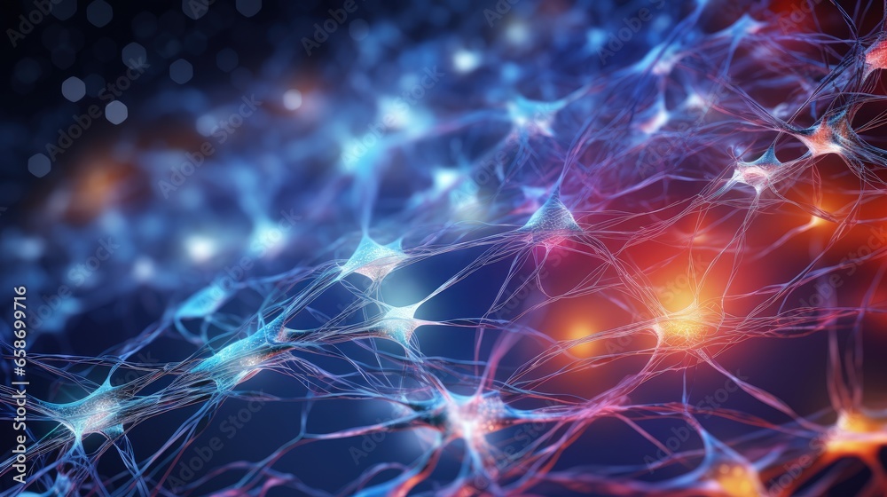 Poster Colorful background with bokeh effect depicting global AI and big data concept using a neural network 3D illustration