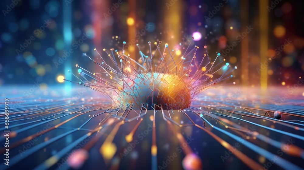 Leinwandbilder Colorful background with bokeh effect depicting global AI and big data concept using a neural network 3D illustration
