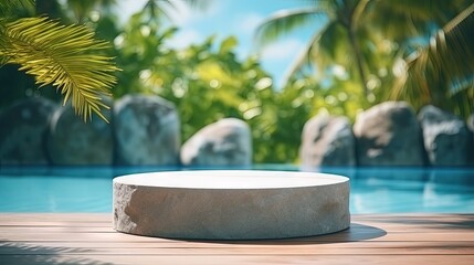 Fototapeta na wymiar Luxurious blue pool water surrounds a stone podium in a tropical hotel resort