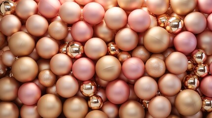 New Year's Christmas balls, delicate gold and pink decorations for the Christmas tree. Pastel background.