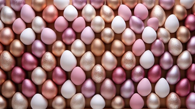 pastel pink and gold eggs egg background pattern. Classic traditional symbol of Easter holiday.