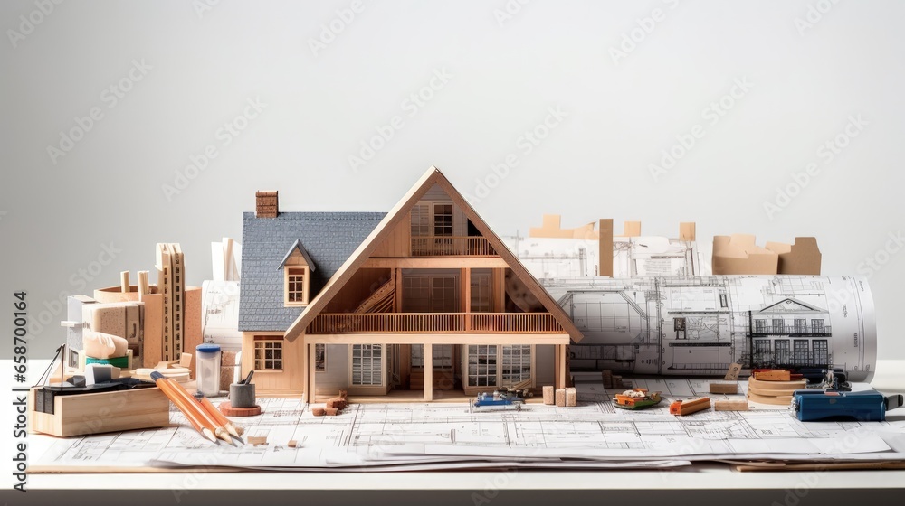 Poster architectural model with tools blueprint rolls on desk building construction and design concept