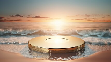3D illustration of elegant cosmetic beauty products on a luxurious gold water surface at sunset